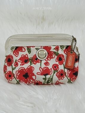 Coach Red Floral Print Canvas Wristlet Wallet Zip Pouch